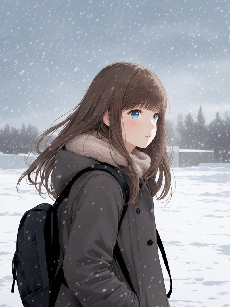 31073018-18303835-Girl, long straight brown hair with bangs, blue eyes, looks at the viewer, blush, dressed in a black coat, wears a black backpac.png